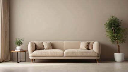 Interior home of living room with sofa on beige neutrals wall copy space mockup