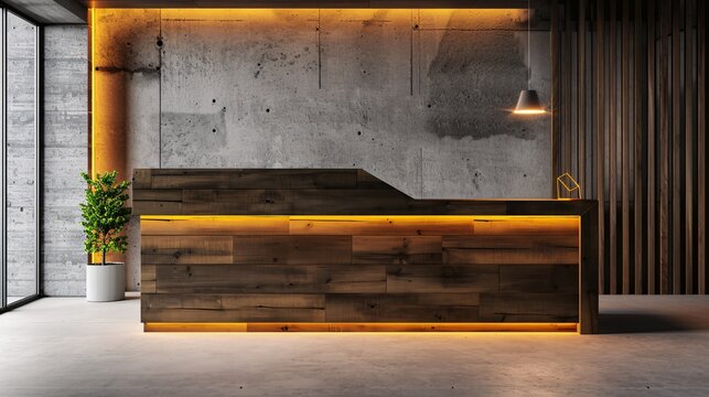 Office reception area with modern wooden desk against concrete wall, 3D rendering.
