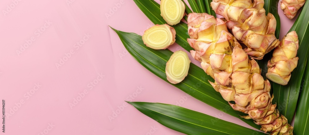 Poster Greater galangal isolated on the pastel background  Food. Copy space image. Place for adding text and design