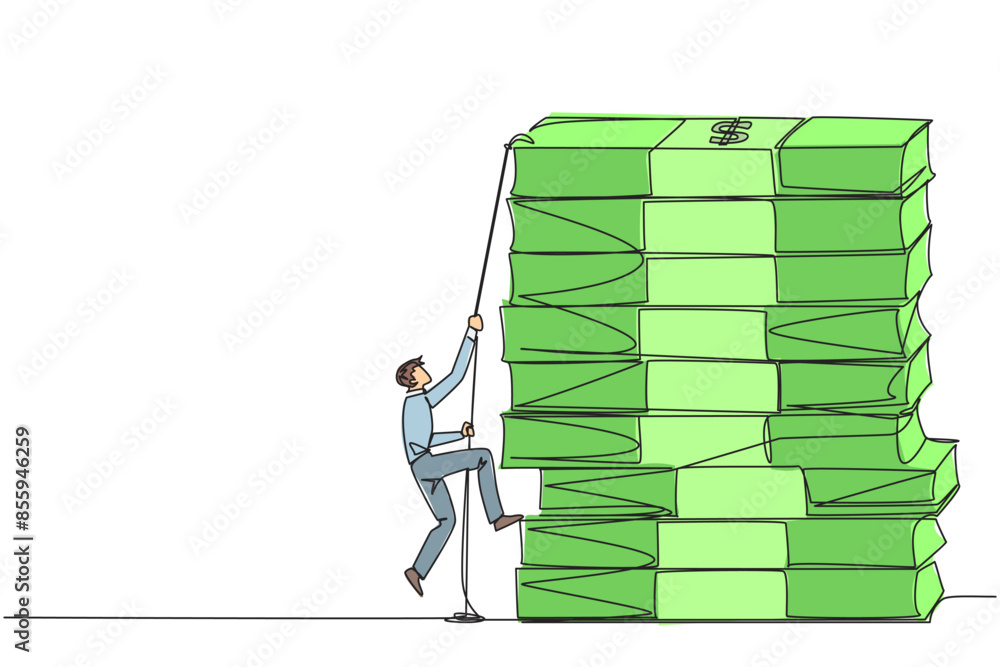 Poster single continuous line drawing businessman climbs stack of banknotes with rope. the hard worker to r