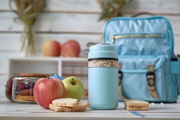 Two blue lunch bags on a table