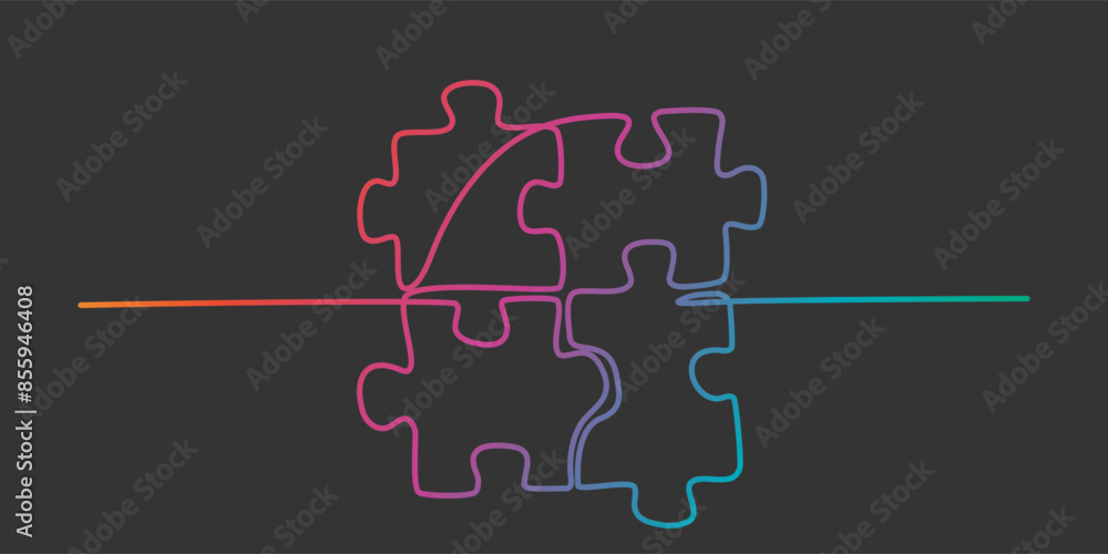 Wall mural Continuous single line drawing of four puzzle pieces. Colored gradient neon jigsaw. Problem solving and solution business metaphor. One line drawing of puzzle piece for idea, thinking process