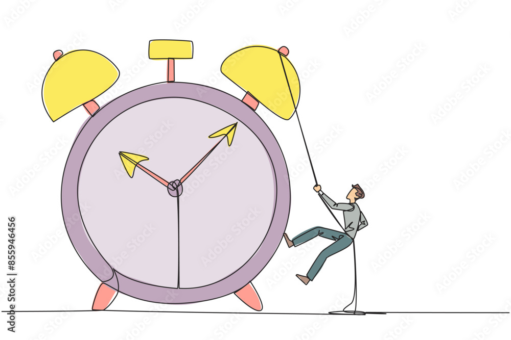 Poster single continuous line drawing businessman climbing alarm clock with rope. work carefully to complet