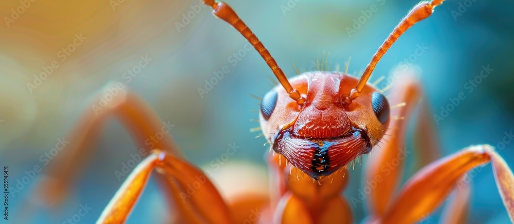 Poster ants face photo using extreme macro techniques.extreme close-up. copy space image. place for adding 