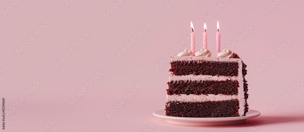 Poster cake chocolate and three candles isolated on pastel background. copy space image. place for adding t