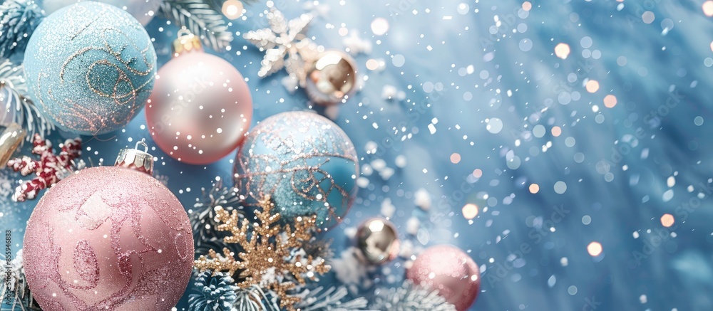 Poster christmas concept with baubles isolated on pastel background. copy space image. place for adding tex