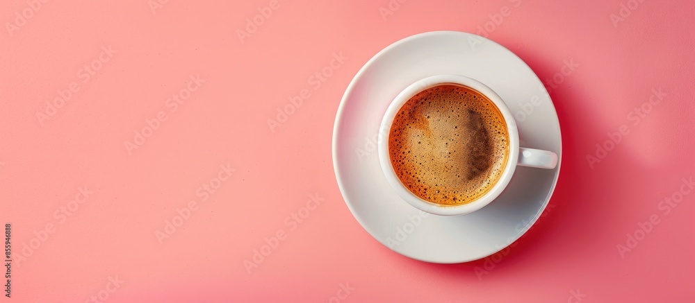 Aufkleber cup of coffee isolated on pastel background, top view. copy space image. place for adding text and d