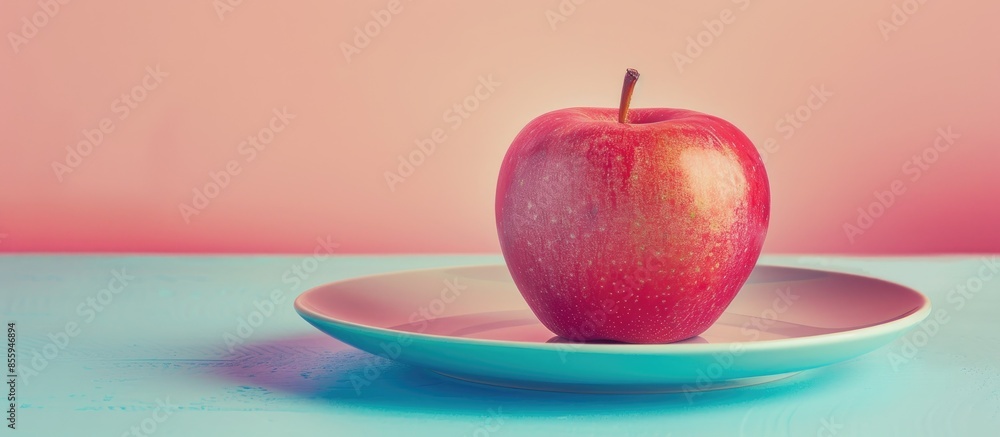 Poster ripe red apple in plate. isolated on a pastel background. copy space image. place for adding text an