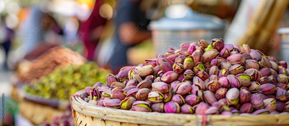 Poster Traditional fresh pistachio on an outdoor market stall, close up. Copy space image. Place for adding text or design