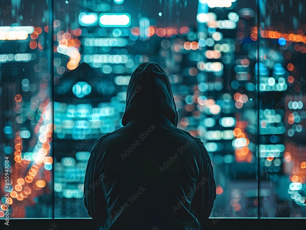 Poster shadowy hacker overlooking a captivating cityscape through the window