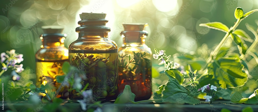 Poster homeopathy in small jars. herbal extract. selective focus. nature. copy space image. place for addin