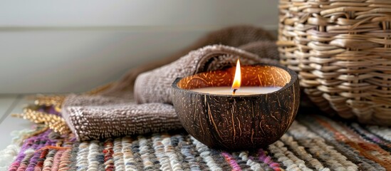 Obraz premium Burning spa aroma candle in coconut shell on a knitted multicolored rug and wicker box with a towel opposite the white wall, cozy home interior. Copy space image