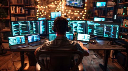 Hacker Immersed in Complex Multi Monitor Computer Setup Surrounded by Data and Code