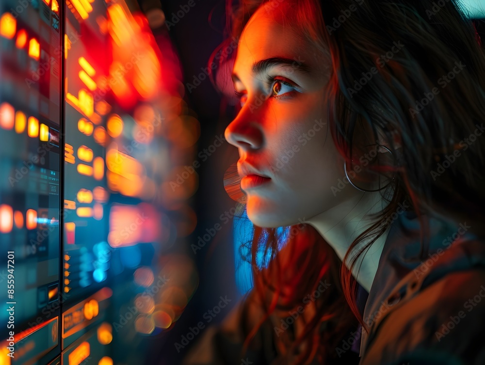 Poster focused female hacker analyzing a security system on digital interface