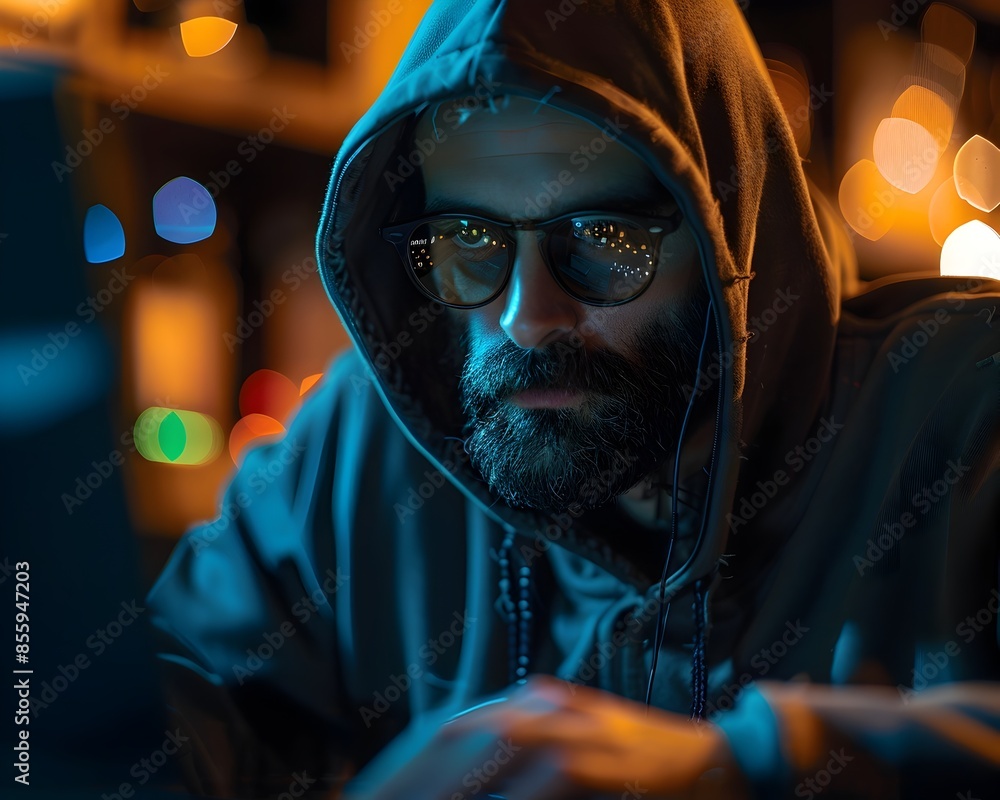 Poster sophisticated hacker decodes encrypted messages in dramatic lighting