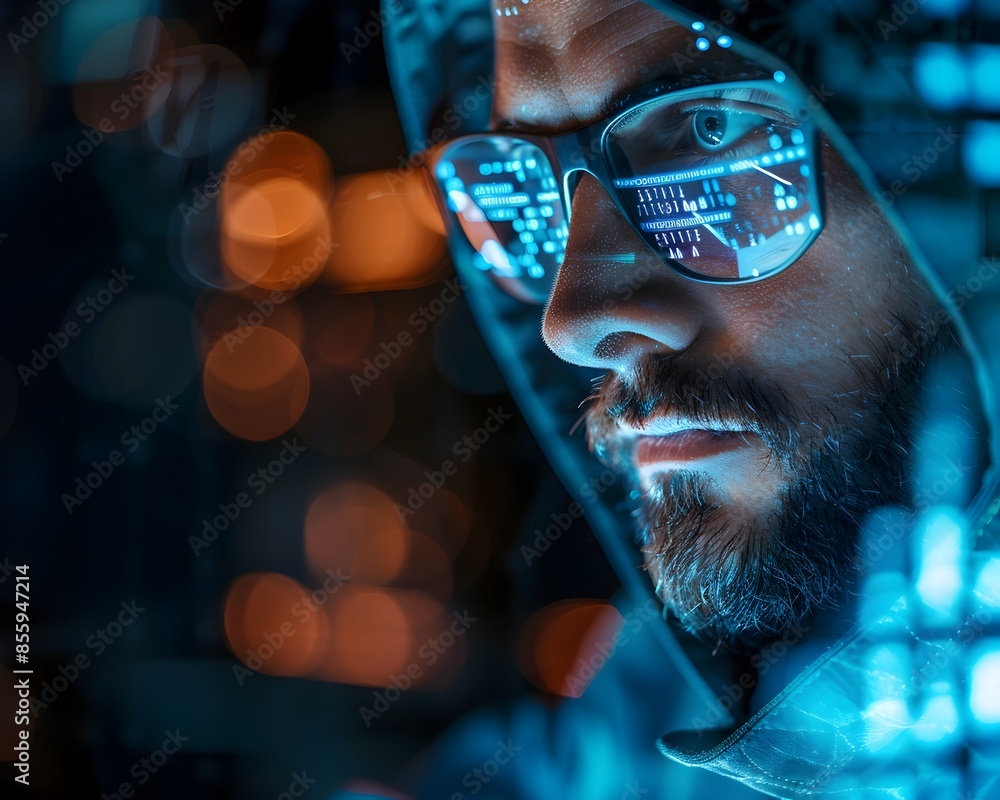 Poster hacker immersed in futuristic holographic display cyberpunk technology concept