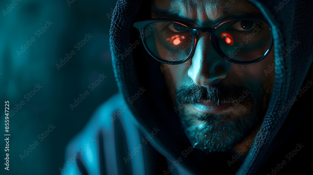 Poster hacker plotting covert cyber heist strategizing digital crime in shadowy environment