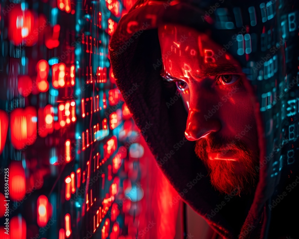 Poster hacker decoding encrypted messages with sophisticated technical concept and glowing red lights