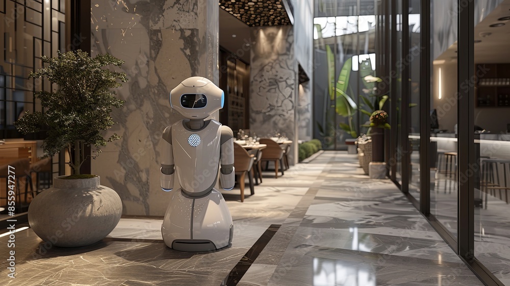 Poster a white robot stands in the lobby of a modern restaurant, greeting guests and enhancing the customer