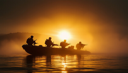 silhouette of underwater commando team advancing on boat in foggy sunrise.