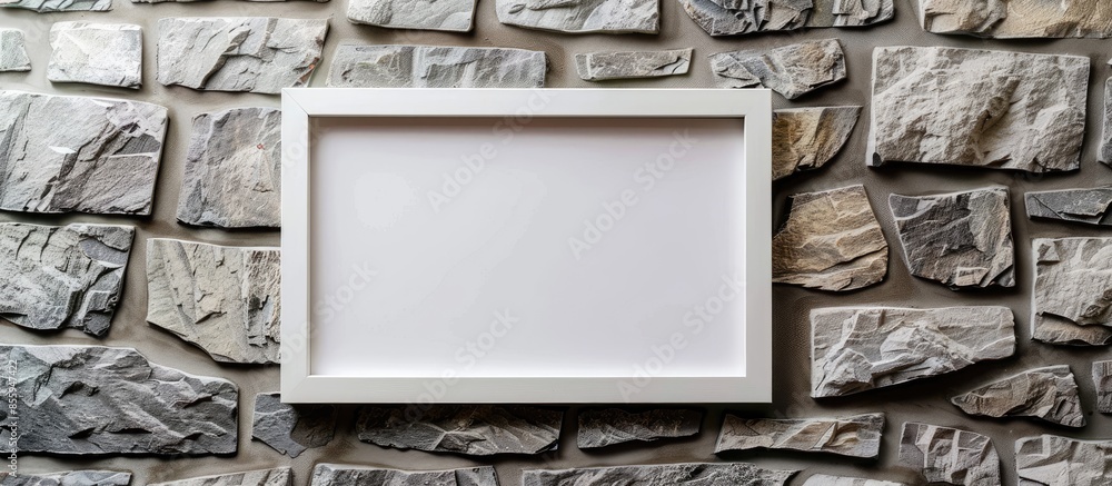 Poster white photo frame for home decoration on stone wall background. copy space image. place for adding t