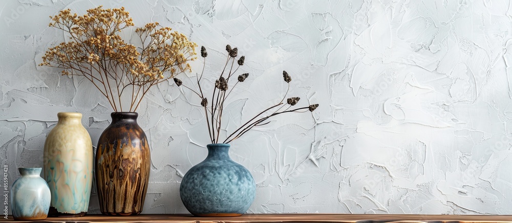 Poster decorative vases on wooden shelf on white wallpaper background. copy space image. place for adding t