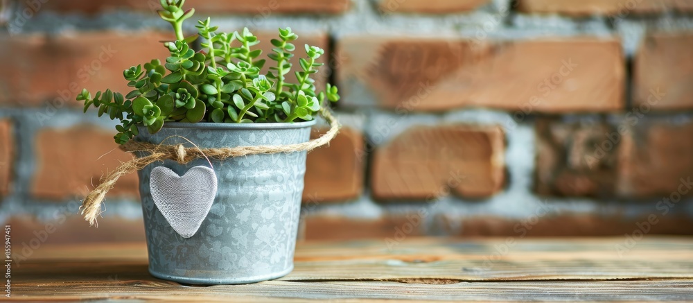 Poster small bucket with little plant, jute string and heart pattern on wooden table near brick wall. copy 