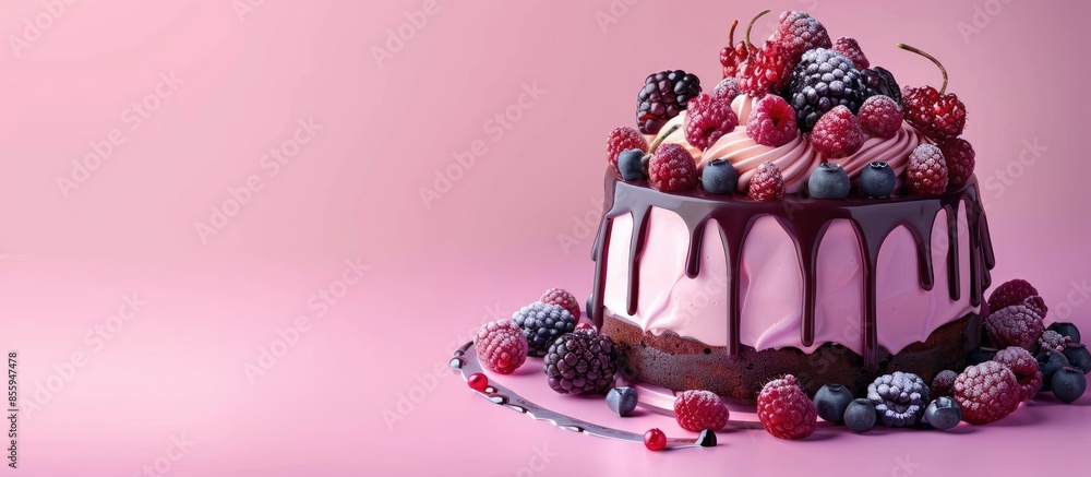 Aufkleber dessert cake with chocolate and berries pastel background. copy space image. place for adding text a