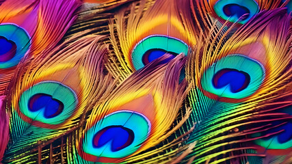 Obraz premium Vibrant Peacock Feathers Background. Colorful and detailed peacock feather pattern, perfect for backgrounds, fashion, and vibrant designs.