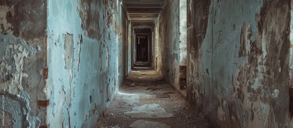 Poster tunnel with concrete walls in old abandoned soviet bunker. copy space image. place for adding text o