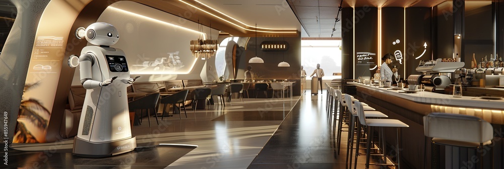 Leinwandbilder A futuristic restaurant featuring an AI robot interacting with customers, enhancing service quality and creating a unique dining experience. Generative AI
