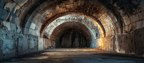 Obraz premium Dark creepy large tunnel with arched ceiling, at old abandoned underground bunker. Concept of the light in the end of a tunnel. Copy space image. Place for adding text or design