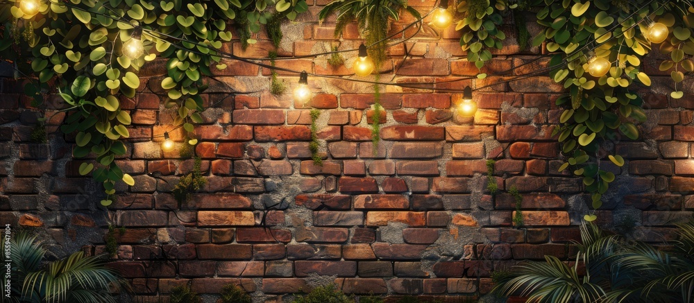 Poster drawing of a brick wall and fairy lights hanged in front to make it look beautiful . copy space imag