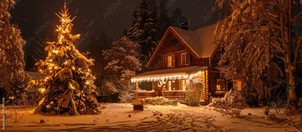Aufkleber cottage with christmas tree at night. copy space image. place for adding text or design