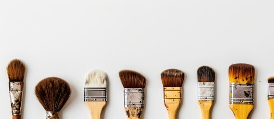 Top view of working brushes for professional house painter, photographed on white background. Copy space image. Place for adding text and design