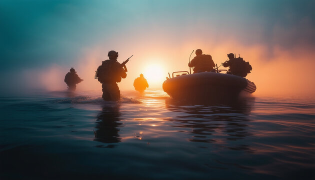silhouette of underwater commando team advancing on boat in foggy sunrise.