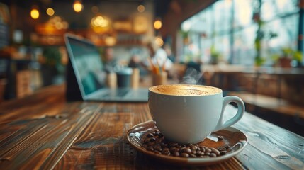 A cup of coffee sits elegantly on the meeting table, accompanied by a laptop, set against a wooden backdrop illuminated by a blend of sunlight and modern office lighting.