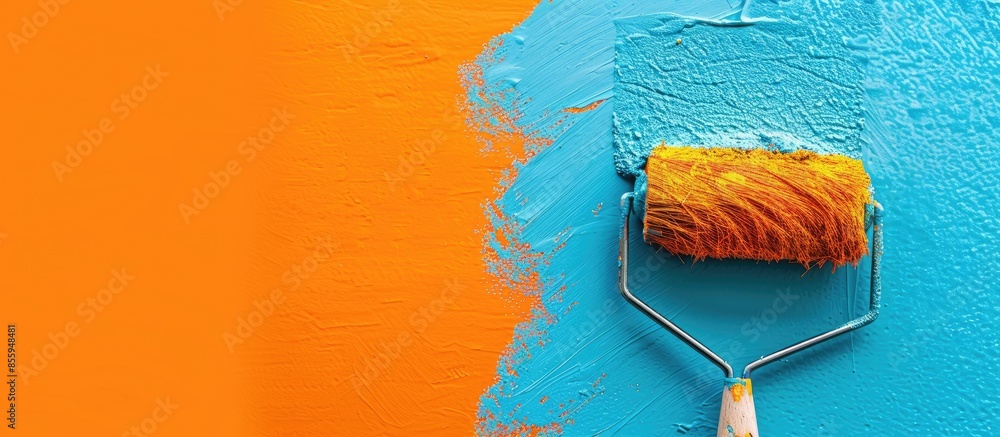 Poster roller paint brush on background. copy space image. place for adding text and design