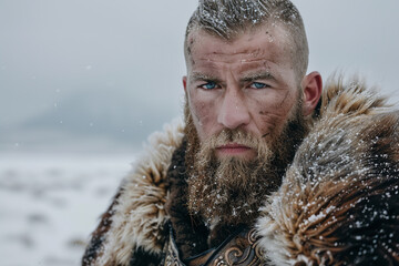 Solemn Viking Warrior in Snowy Landscape - Focused and Strong  