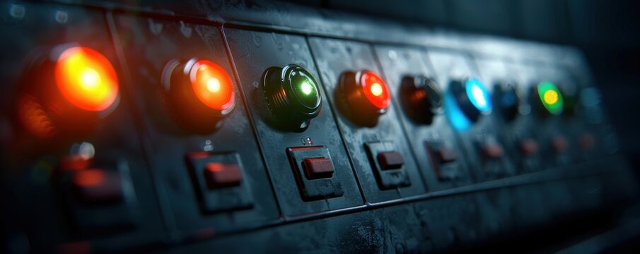 Industrial control panel with colorful switches and buttons, glowing in a dark environment.
