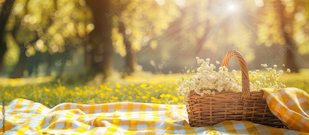 Poster picnic basket on a yellow white checkered picnic mat in park. copy space image. place for adding tex