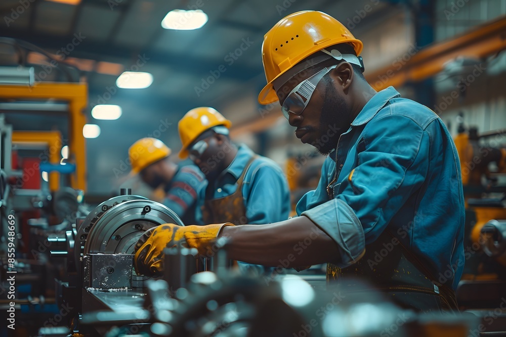 Poster man operating machinery in factory