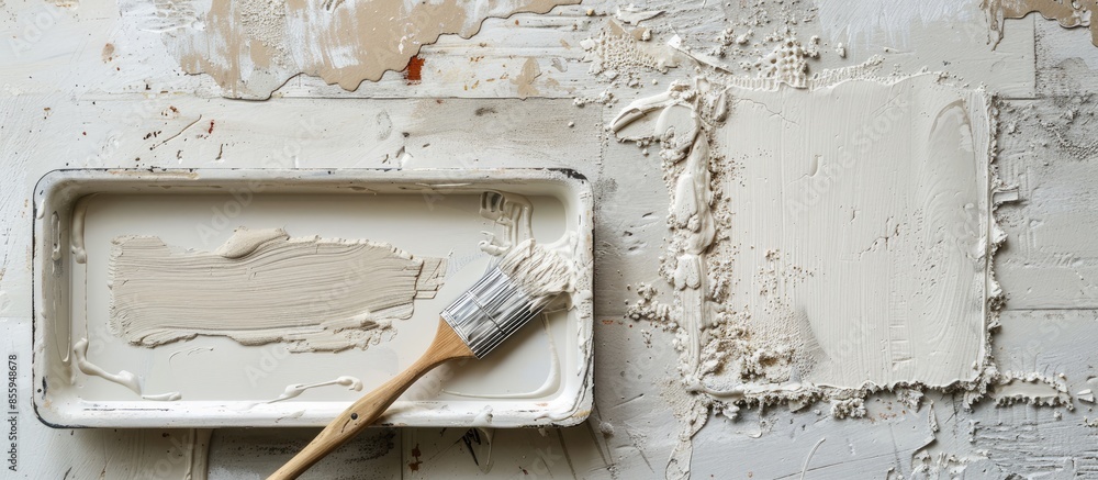Poster tray with remnants of beige paint and paintbrush. on a surface painted in white and beige. copy spac
