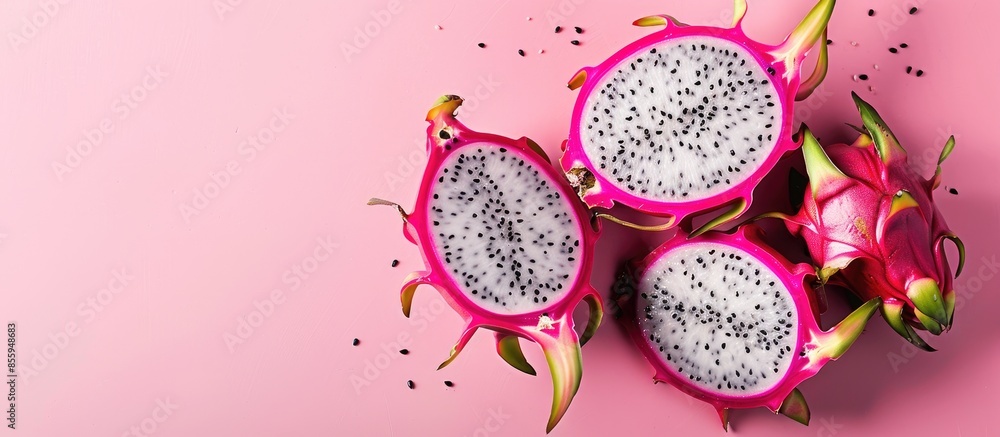 Poster dragon fruit cut in half on colorful pastel background. copy space image. place for adding text and 
