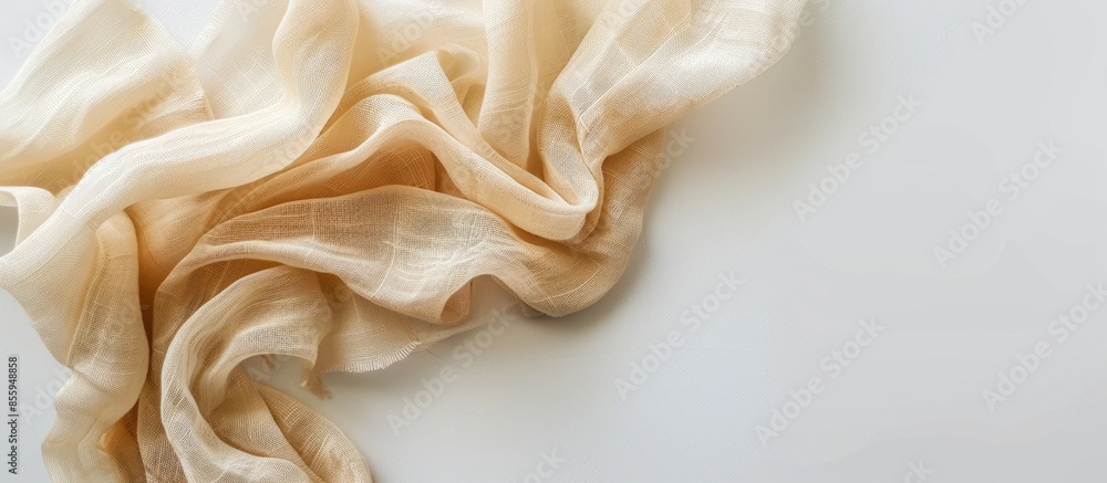 Poster beige fabric napkin on white background, top view. copy space image. place for adding text or design