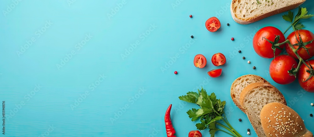Poster tomato, bread, parsley and pepper isolated on the pastel background. copy space image. place for add