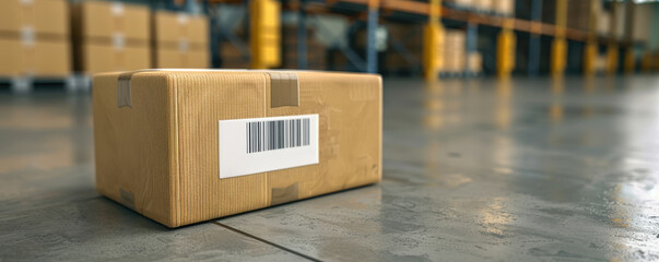 A single cardboard box with a barcode label sitting on a warehouse floor, surrounded by stacked boxes and shelves in the background.