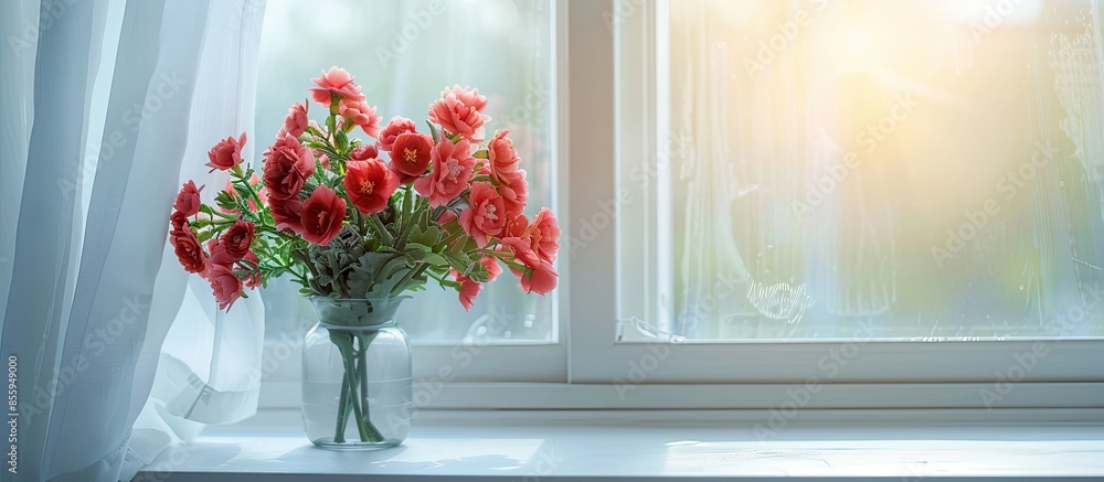 Poster small red flower decorations placed by the window in the living room. copy space image. place for ad