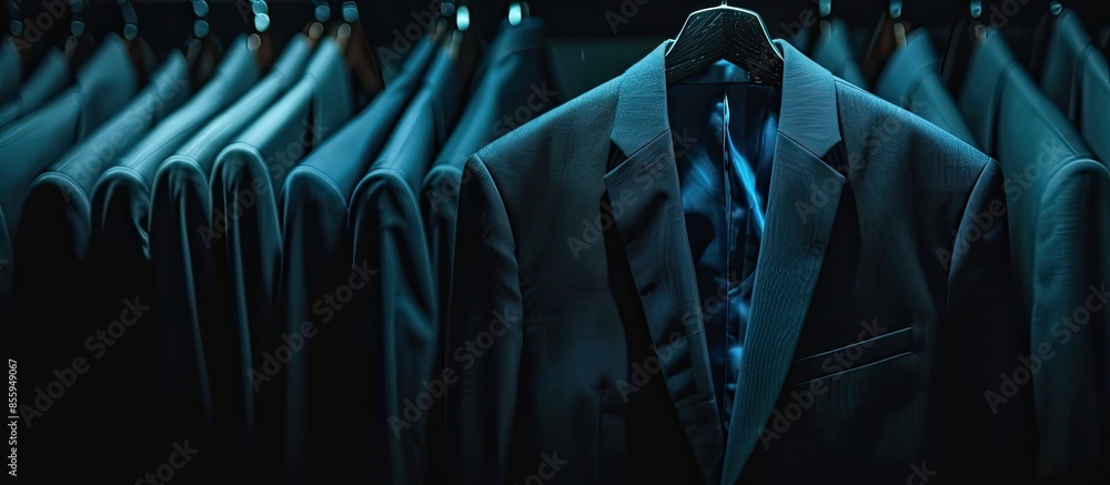 Poster dark business suit at dry-cleaner's. space for text. copy space image. place for adding text and des