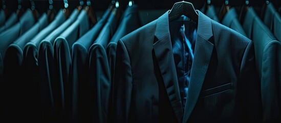 Dark business suit at dry-cleaner's. Space for text. Copy space image. Place for adding text and...